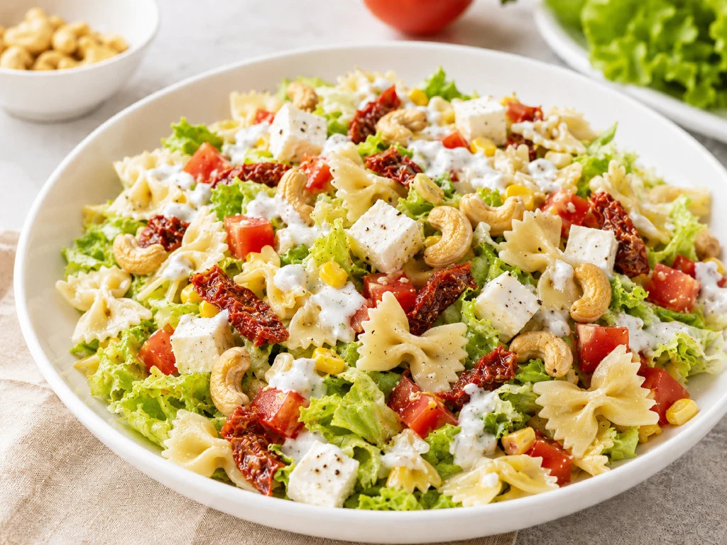 Ensalada de pasta integral con anacardos y queso fresco con tomate y salsa de yogur, servida en plato blanco con luz natural.