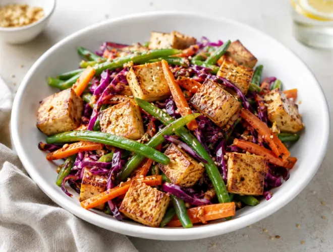 Ensalada de tofu marinado con judías verdes, zanahoria y col lombarda, servida en bol blanco y acabada con semillas de sésamo