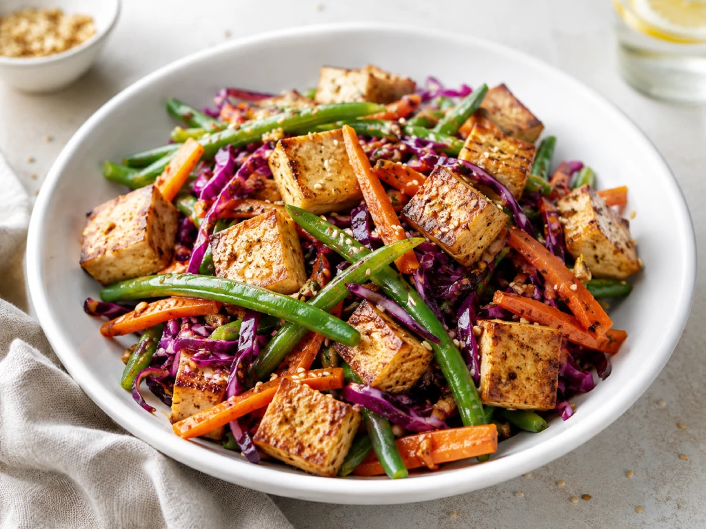 Ensalada de tofu marinado con jud&iacute;as verdes, zanahoria y col lombarda, servida en bol blanco y acabada con semillas de s&eacute;samo
