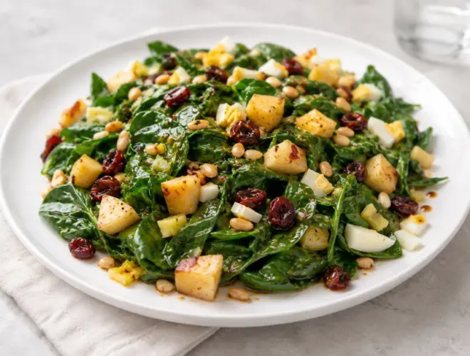 Ensalada templada de espinacas con manzana, pasas y piñones servida en plato blanco.