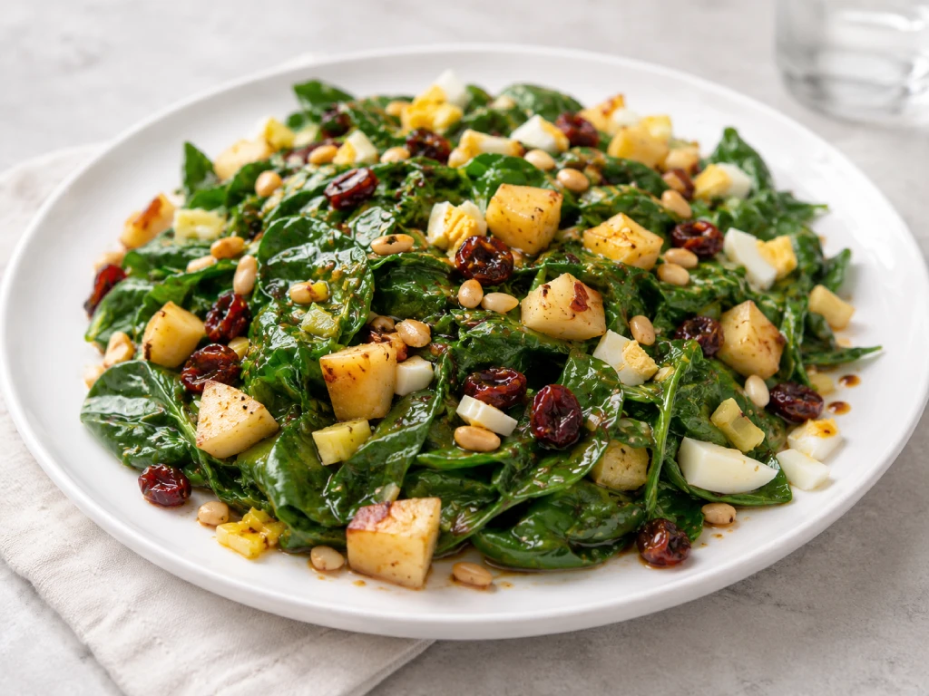 Ensalada templada de espinacas con manzana, pasas y pi&ntilde;ones servida en plato blanco.