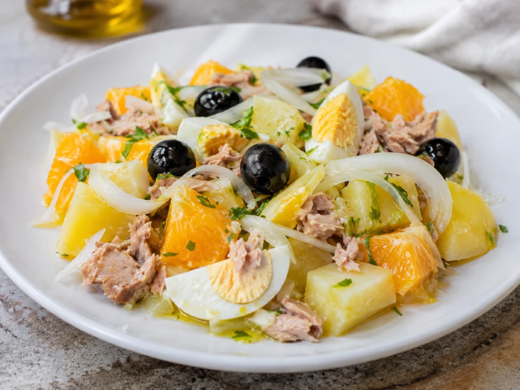 nsaladilla malague&ntilde;a gourmet con patata cocida, dados de naranja, at&uacute;n, huevo picado y aceitunas negras, en plato blanco y luz natural.