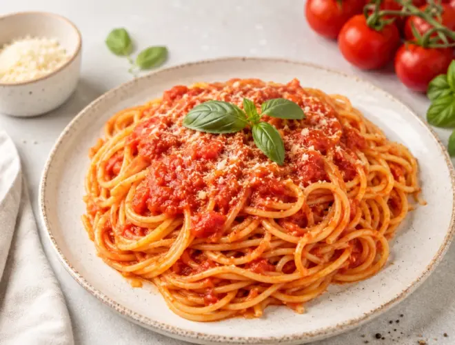 Espaguetis con salsa de tomate casera en plato blanco con albahaca fresca y queso rallado, fotograf&iacute;a luminosa y realista