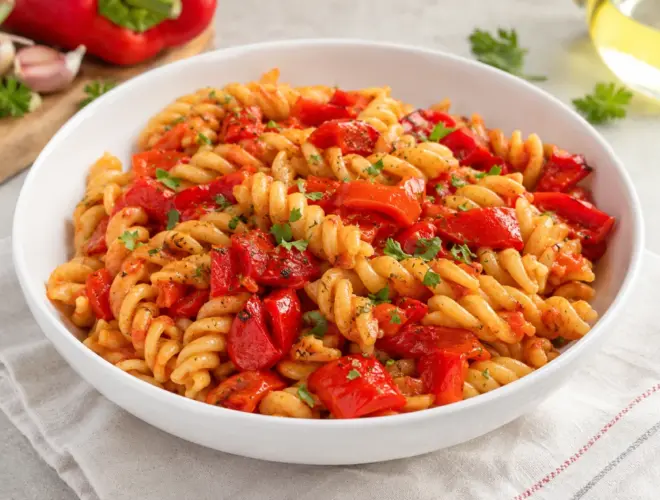 Espirales con pimientos rojos asados en tiras sobre pasta en salsa de tomate, emplatadas en cuenco blanco con luz natural y fondo neutro.