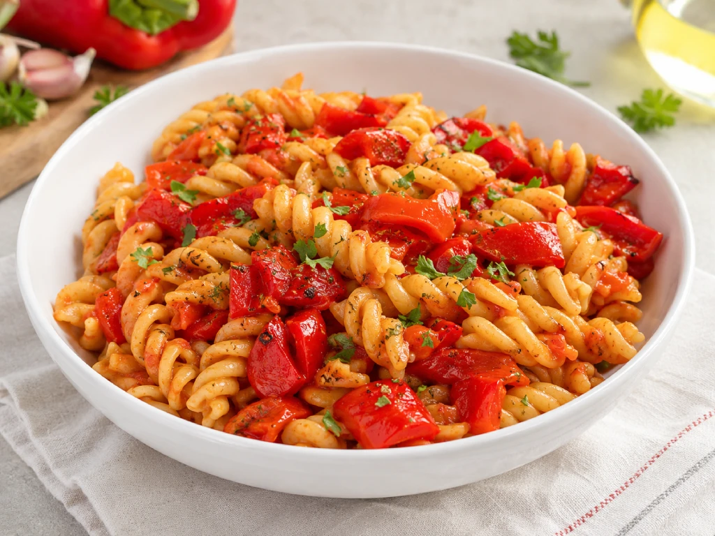 Espirales con pimientos rojos asados en tiras sobre pasta en salsa de tomate, emplatadas en cuenco blanco con luz natural y fondo neutro.