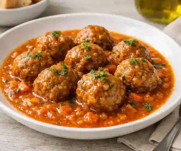 Albóndigas en salsa caseras de ternera con salsa de tomate y verduras, servidas en plato blanco con acabado gourmet y luz natural.
