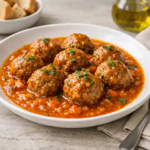 Alb&oacute;ndigas en salsa caseras de ternera con salsa de tomate y verduras, servidas en plato blanco con acabado gourmet y luz natural.