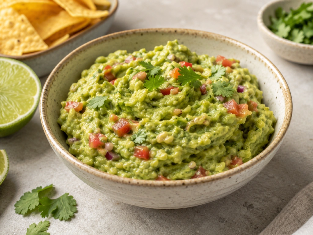 Guacamole casero en cuenco con textura r&uacute;stica, tomate, cebolla y cilantro, con lima y totopos al fondo.
