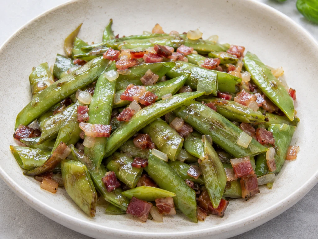Habas salteadas con jam&oacute;n serrano y cebolleta, servidas en plato blanco, foto gourmet luminosa con fondo neutro.