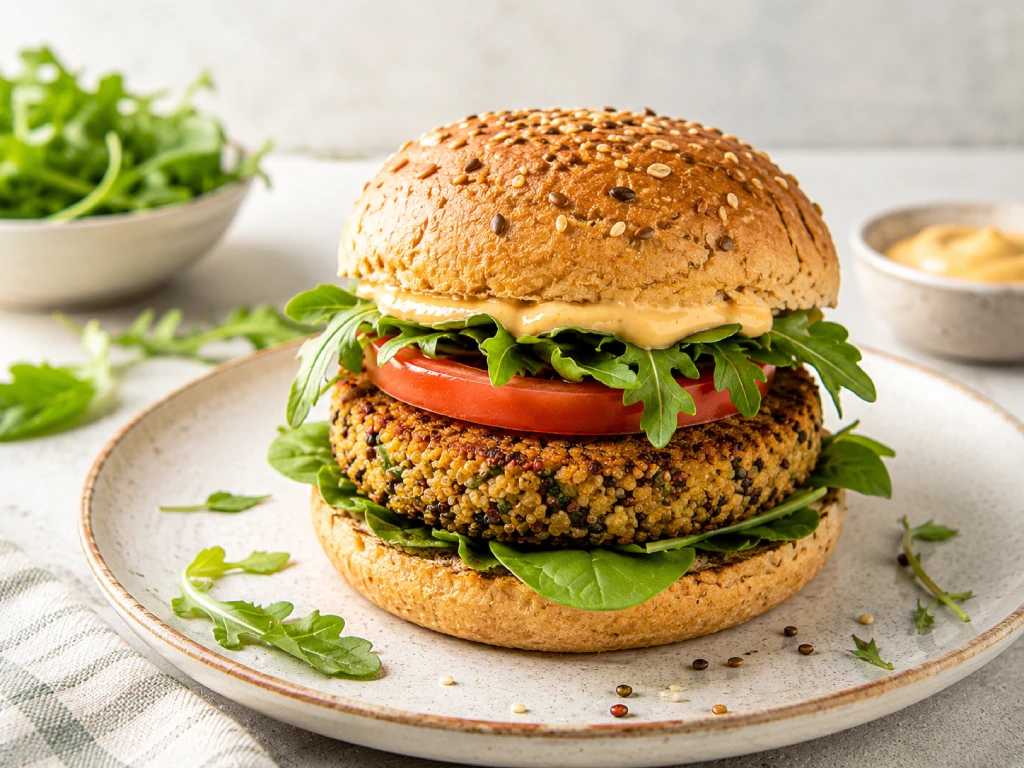 Hamburguesa de tofu y quinoa a la plancha, dorada y crujiente, servida en plato blanco con hojas de albahaca