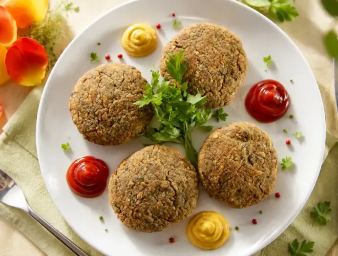 Hamburguesas de soja caseras servidas en pan integral con lechuga, tomate y cebolla morada, en fondo neutro y luz natural