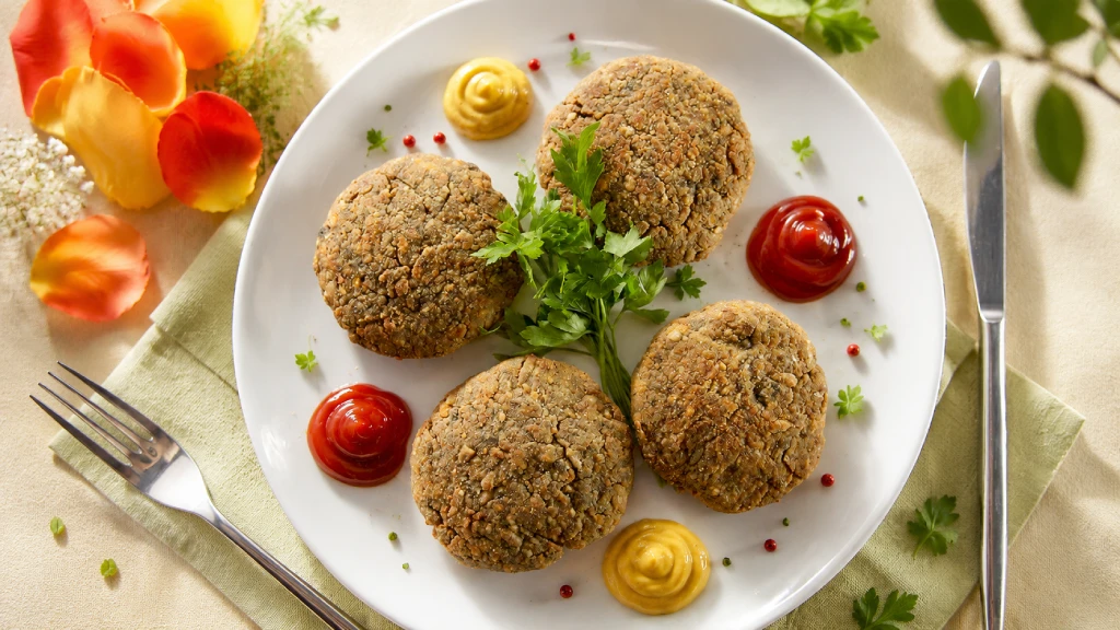 Hamburguesas de soja caseras servidas en pan integral con lechuga, tomate y cebolla morada, en fondo neutro y luz natural