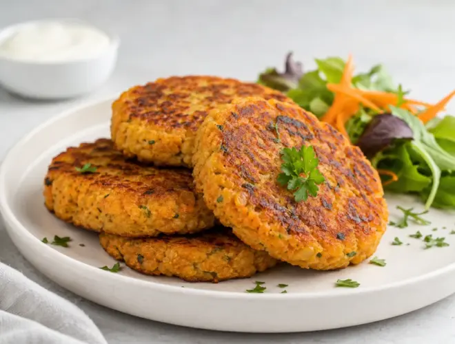 Hamburguesas de zanahoria de ternera a la plancha, doradas y jugosas, servidas en plato con ensalada