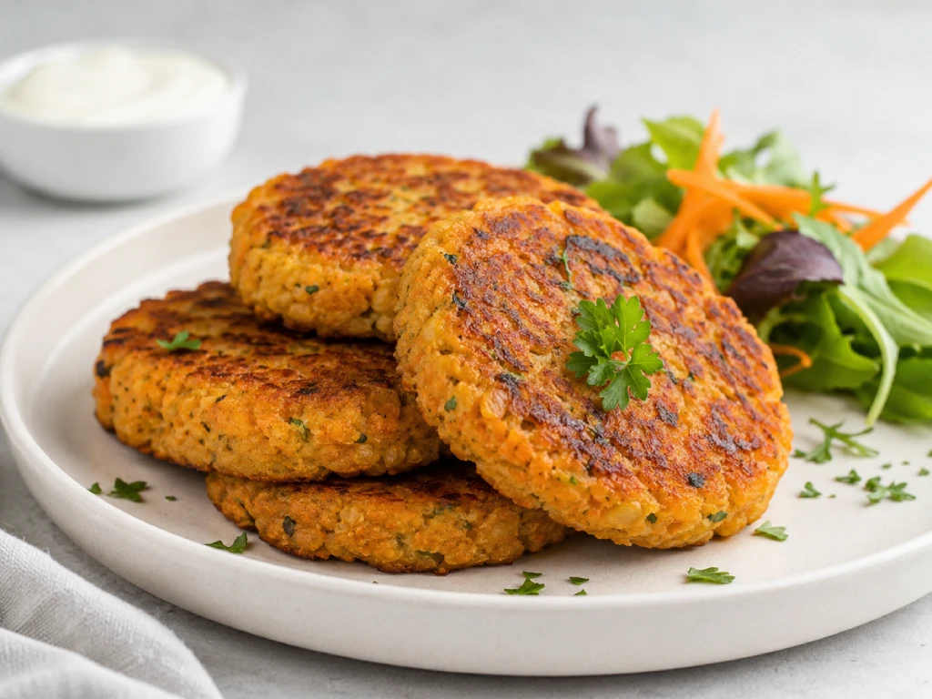 Hamburguesas de zanahoria de ternera a la plancha, doradas y jugosas, servidas en plato con ensalada