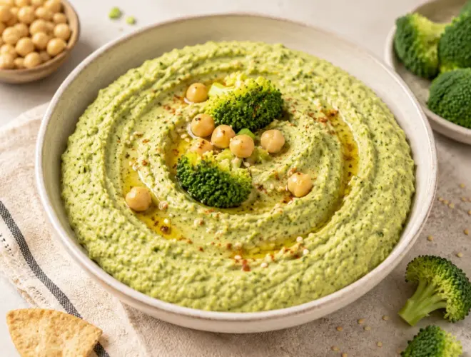 Hummus de br&oacute;coli cremoso en cuenco blanco con hilo de aceite de oliva y piment&oacute;n dulce, fotograf&iacute;a luminosa con fondo neutro