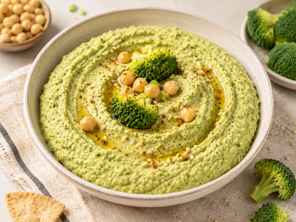 Hummus de br&oacute;coli cremoso en cuenco blanco con hilo de aceite de oliva y piment&oacute;n dulce, fotograf&iacute;a luminosa con fondo neutro