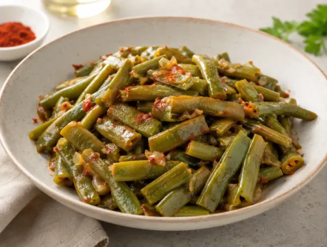 Jud&iacute;as verdes con piment&oacute;n salteadas con ajo en cuenco blanco, receta ligera y muy luminosa