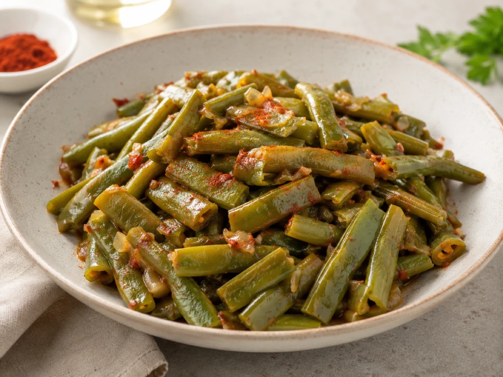 Jud&iacute;as verdes con piment&oacute;n salteadas con ajo en cuenco blanco, receta ligera y muy luminosa