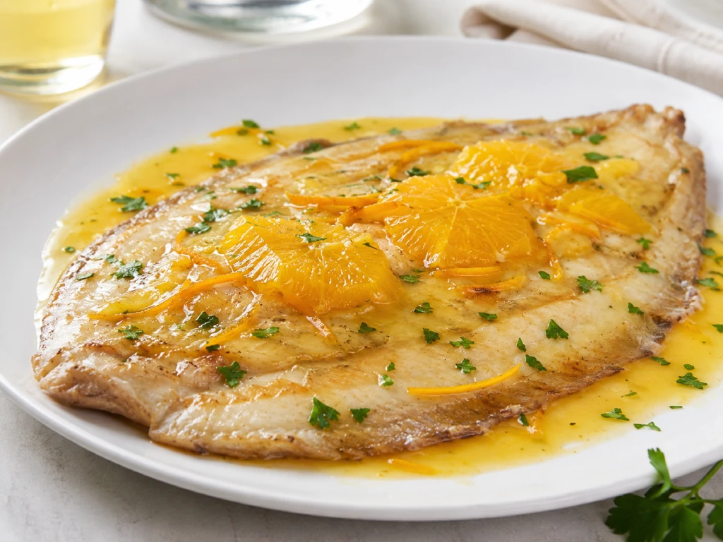 Lenguado a la naranja con salsa c&iacute;trica suave y gajos de naranja en plato blanco, presentaci&oacute;n gourmet luminosa.