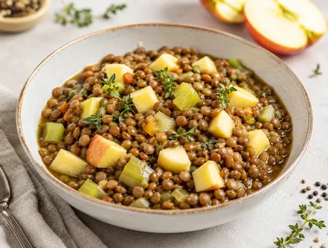 Lentejas con manzana salteadas con cebolla y especias (curry, comino y c&uacute;rcuma) en cuenco blanco, fotograf&iacute;a muy luminosa y realista.