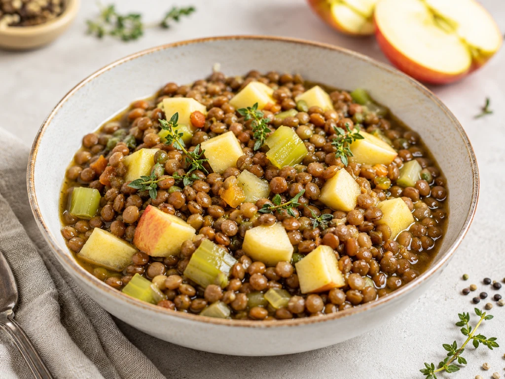 Lentejas con manzana salteadas con cebolla y especias (curry, comino y c&uacute;rcuma) en cuenco blanco, fotograf&iacute;a muy luminosa y realista.