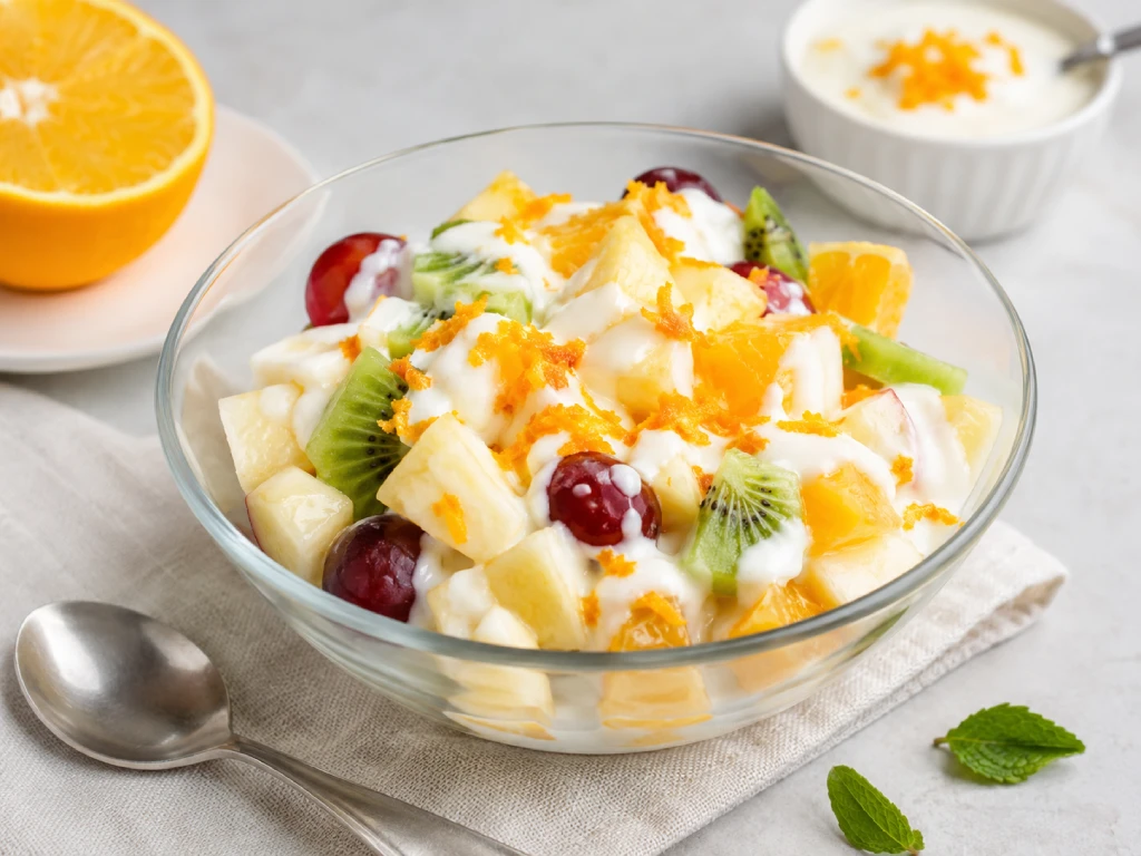 Macedonia de fruta con yogur a la naranja servida en bol, con mango, kiwi, pi&ntilde;a y frutos rojos, fotograf&iacute;a luminosa estilo gourmet sobre fondo neutro.