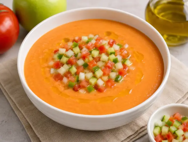 Salmorejo bajo en calor&iacute;as de tomate y manzana, servido en cuenco blanco y decorado con pepino, pimiento verde, cebolla y dados de tomate.