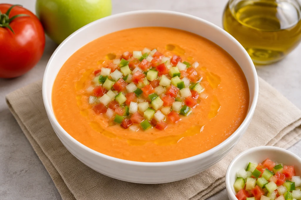 Salmorejo bajo en calor&iacute;as de tomate y manzana, servido en cuenco blanco y decorado con pepino, pimiento verde, cebolla y dados de tomate.