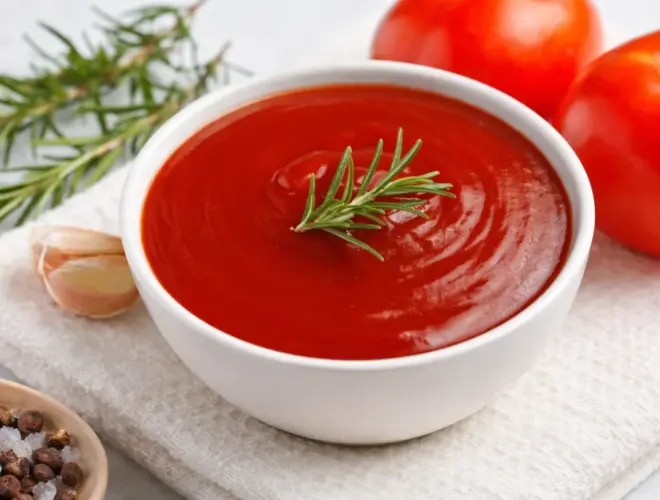 Salsa de ketchup casera en tarro de cristal con tomates frescos y especias, fotograf&iacute;a luminosa y realista.