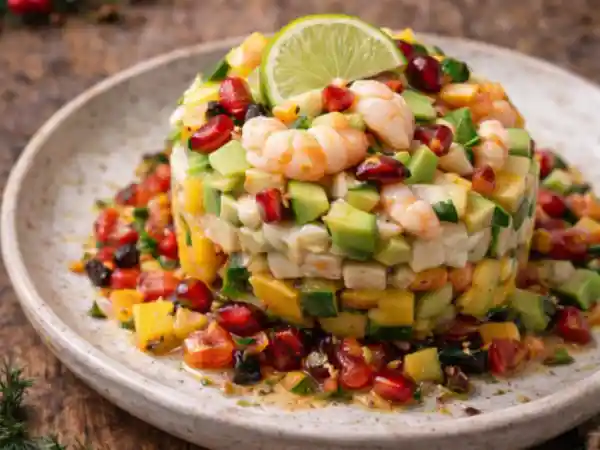 Tartar de camar&oacute;n con aguacate y mango en molde redondo, entrante saludable para Nochebuena