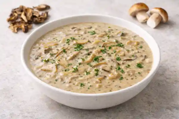 Salsa de setas cremosa con setas salteadas, textura aterciopelada y presentaci&oacute;n gourmet sobre fondo neutro