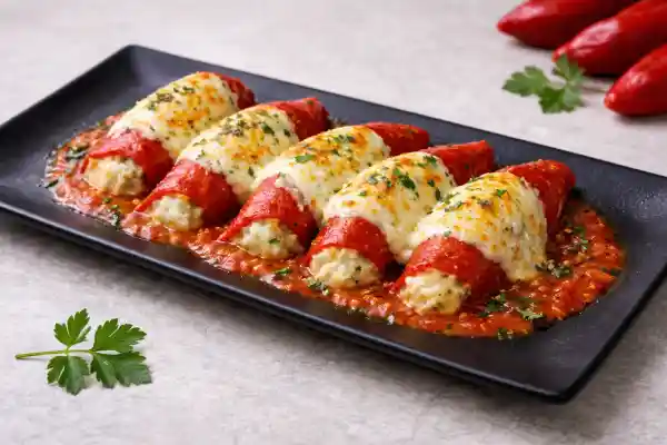 Pimientos del piquillo rellenos de bacalao con bechamel y queso gratinado, servidos sobre salsa de tomate y perejil picado.
