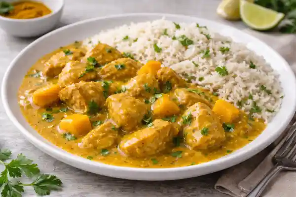Pollo al curry con salsa de mango, servido con arroz basmati y cilantro fresco, en plato blanco con luz natural y fondo neutro.