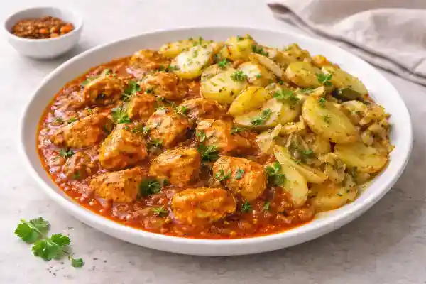 Pollo madr&aacute;s en salsa de tomate y especias servido con patatas a lo pobre, emplatado gourmet y muy luminoso