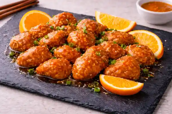 Pollo a la naranja estilo chino con salsa brillante de naranja y soja, servido en plato blanco con luz natural, fondo neutro y atrezzo m&iacute;nimo.