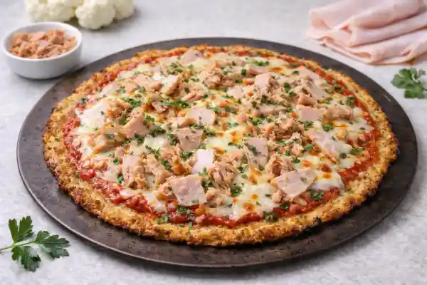 Pizza con base de coliflor de at&uacute;n y pavo, con queso fundido, salsa de tomate y base crujiente de coliflor.