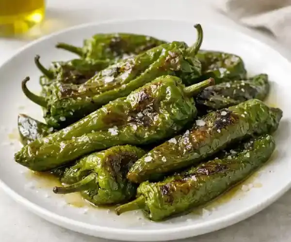 Pimientos verdes al horno dorados y jugosos con aceite de oliva y sal, servidos como guarnici&oacute;n ligera en plato blanco.
