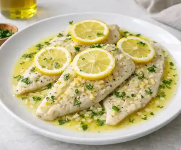 Filetes de pescado blanco al lim&oacute;n con salsa ligera de ajo y perejil, servidos en plato blanco con rodajas de lim&oacute;n.