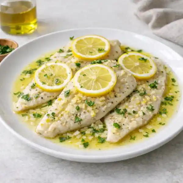 Filetes de pescado blanco al lim&oacute;n con salsa ligera de ajo y perejil, servidos en plato blanco con rodajas de lim&oacute;n.