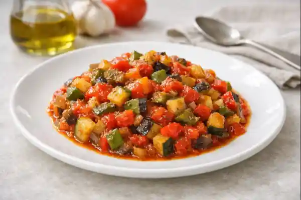 Pisto casero de verduras, jugoso y brillante, servido en plato blanco con acabado gourmet