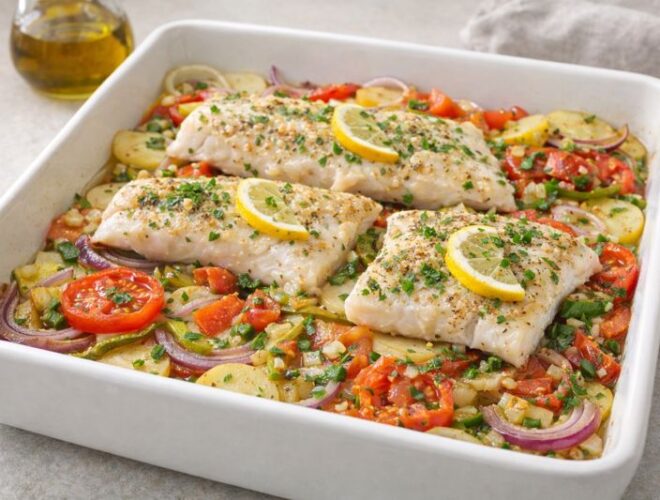 Pescado al horno sobre cama de patata, cebolla, pimiento rojo y verde y tomate, con majadillo de ajo, perejil, limón y aceite de oliva.