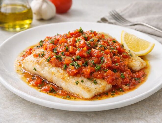 Pescado a la sartén con salsa de tomate casero y hierbas, servido en plato blanco con acabado gourmet y luz natural