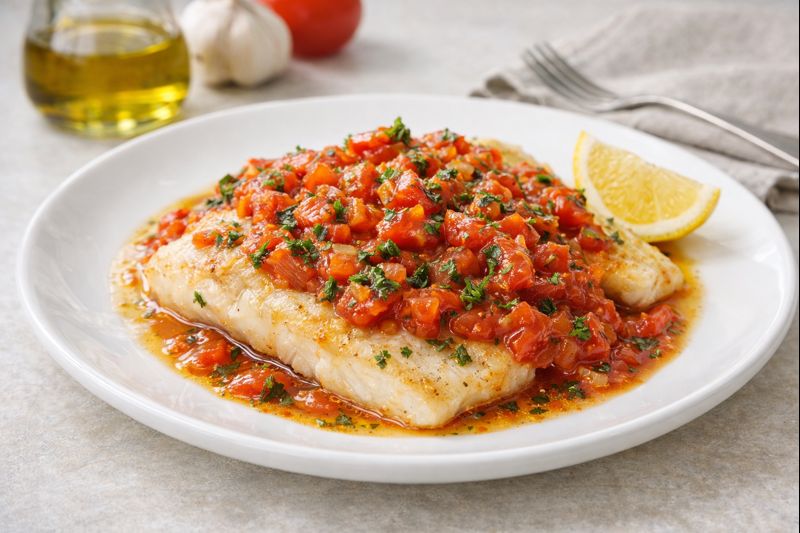Pescado a la sart&eacute;n con salsa de tomate casero y hierbas, servido en plato blanco con acabado gourmet y luz natural
