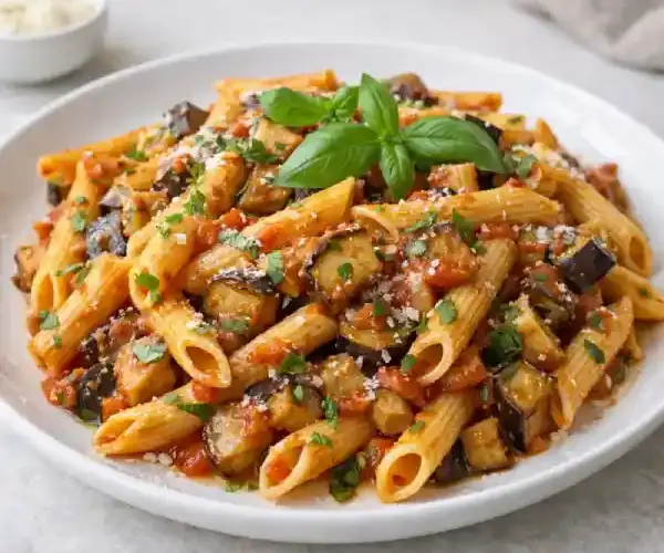 Penne rigatti con berenjena y albahaca en salsa de tomate, con dados de berenjena y hojas de albahaca fresca, servido en plato blanco y luz natural.