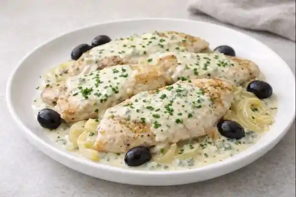 Pechugas de pavo al roquefort con salsa cremosa de queso azul, cebolla pochada y aceitunas negras, terminadas con cebollino.