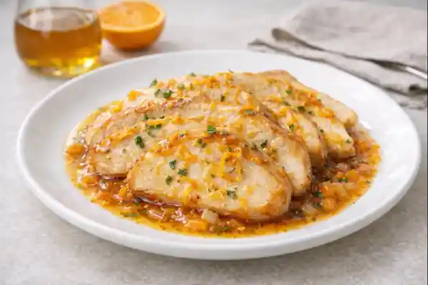 Pechuga de pavo con naranja y miel, en salsa brillante con cebolla y ralladura de naranja, servida en plato blanco con luz natural