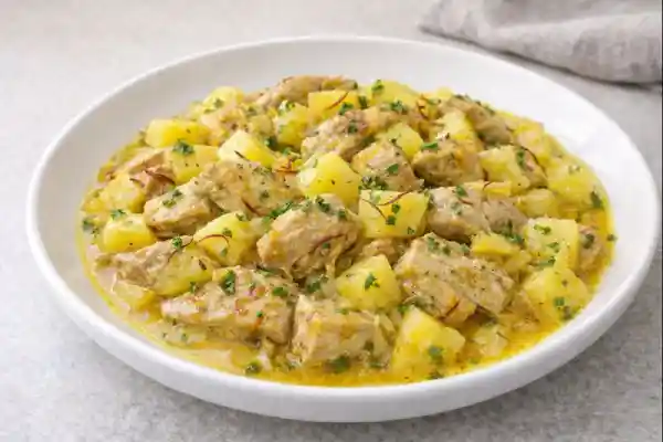 Pavo con pi&ntilde;a y azafr&aacute;n servido en plato blanco, con dados de pavo dorados y pi&ntilde;a natural en salsa ligera de yogur con azafr&aacute;n