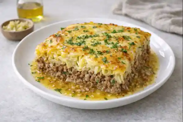 Pastel de col con carne al horno con capa gratinada, col tierna y ternera picada, servido en plato blanco con luz natural y fondo neutro.