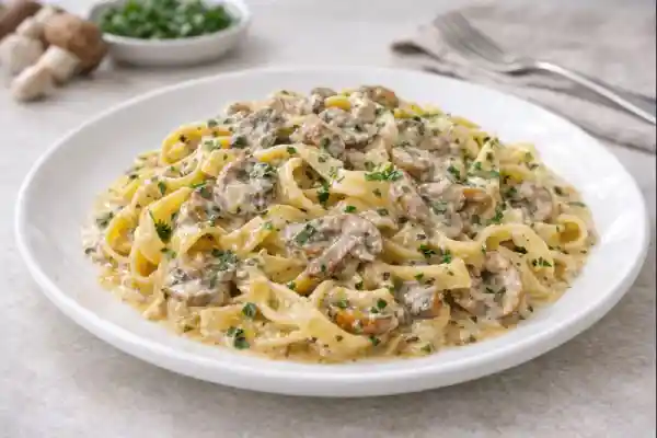 Pasta con salsa de setas cremosa, con setas salteadas y perejil, servida en plato blanco con luz natural y fondo neutro