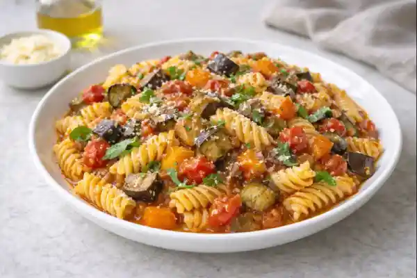 Pasta con pisto casero servida en plato blanco, con salsa de verduras tipo pisto y acabado con hierbas frescas, en fotograf&iacute;a luminosa y realista.